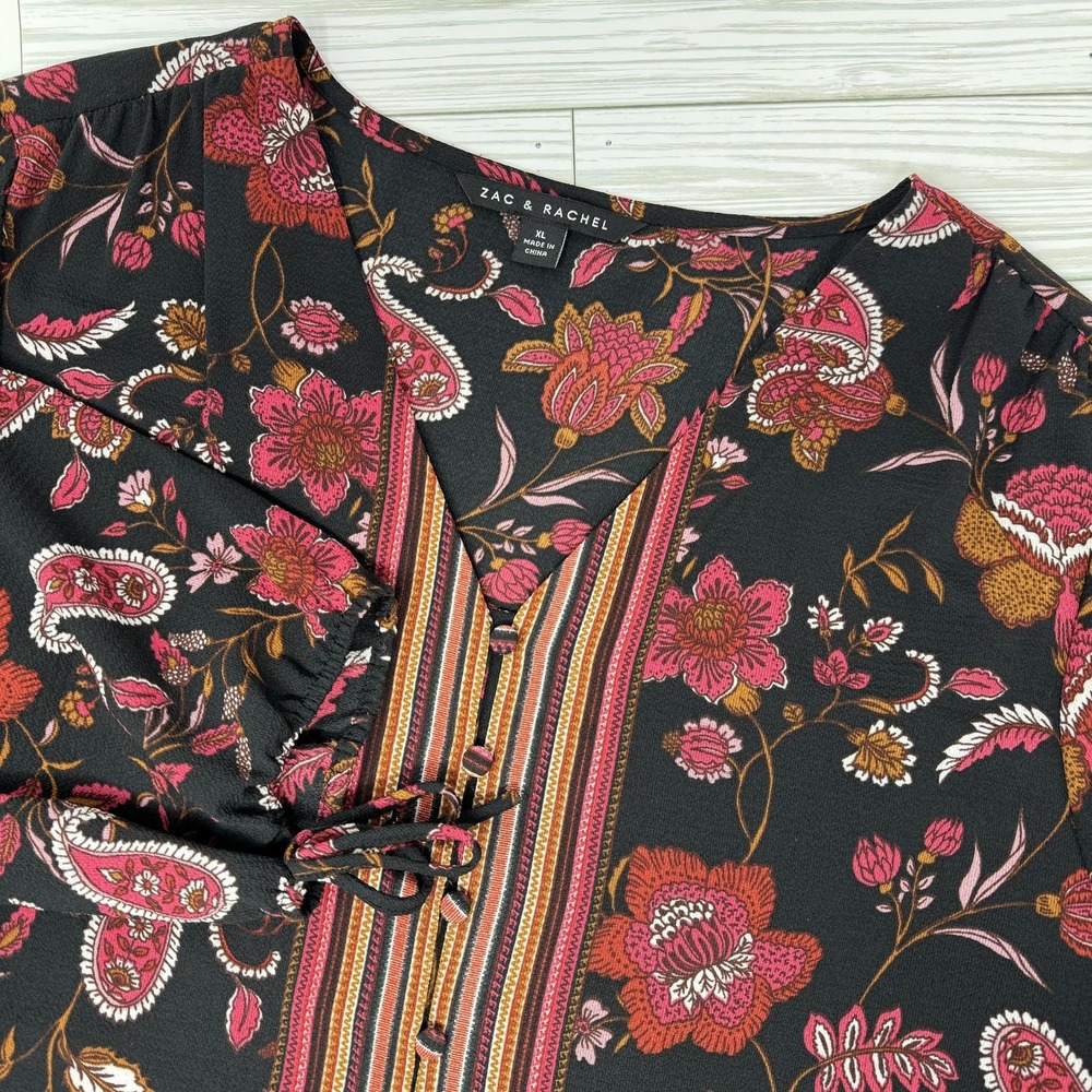 Zac & Rachel Blouse Womens XL Black Floral Paisley Boho Peasant Top‎ Long Sleeve - Picture 4 of 10